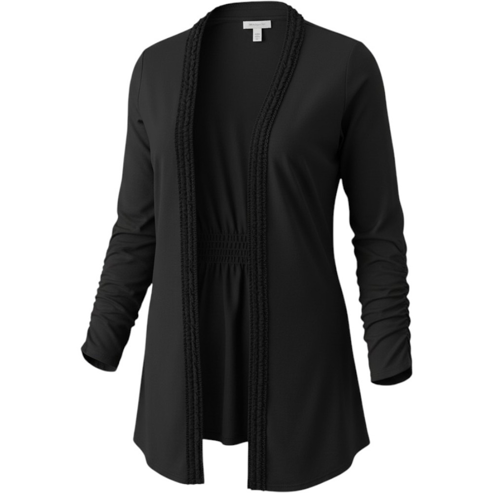 Dressbarn Women Plus Size 18/20 Black Open Front Cardigan Ruched Sleeve Smocked